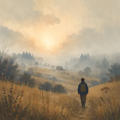 Solitary Walk Toward Light in Morning Fog