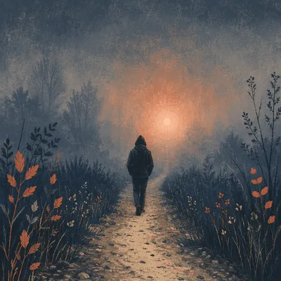 Lone Traveler Walking Toward Misty Light