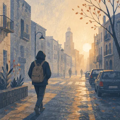 Solitary Walk Toward Morning Light