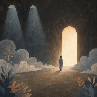 Silhouetted Journey Toward a Glowing Doorway
