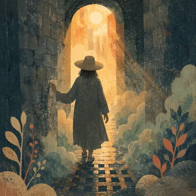 Lone Figure Walking Toward Golden Light