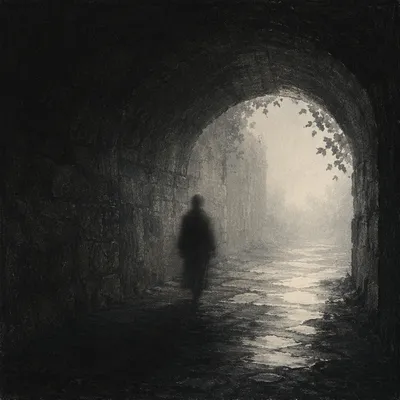 Solitary Walk Through Fog Toward Light