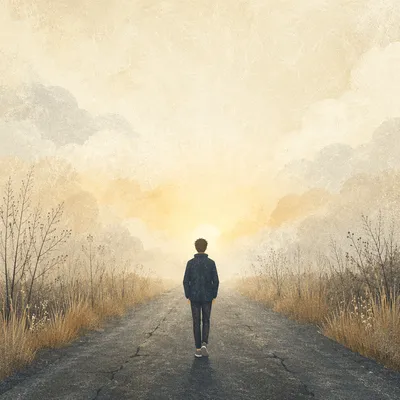Solitary Walk Toward Morning Light