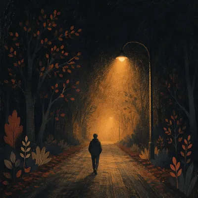 Lone Walker Toward Amber Light