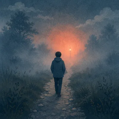 Lone Walker Toward Light in Evening Fog