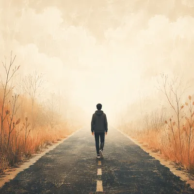 Lone Walker Entering Glowing Fog