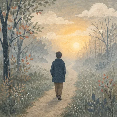 Solitary Walk Through Fog Toward Light