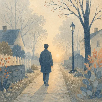 Solitary Walker in Fog Toward Golden Light