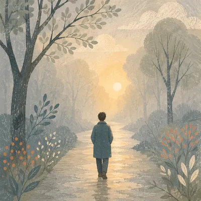 Solitary Walk Through Fog Toward Light