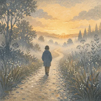 Walking Through Fog Toward Morning Light