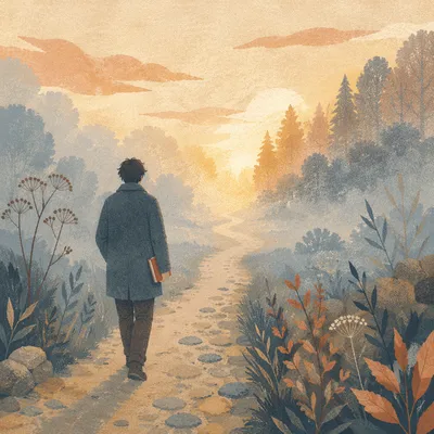 Solitary Walk Through Fog Toward Light