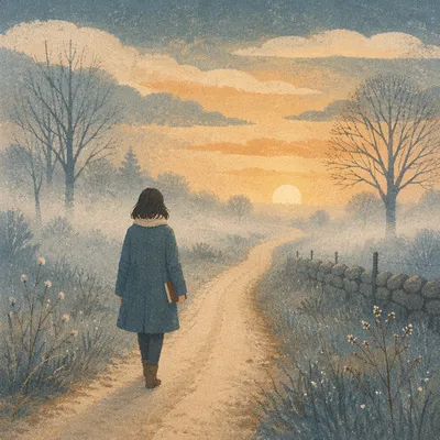 Solitary Walk Through Fog Toward Dawn Light