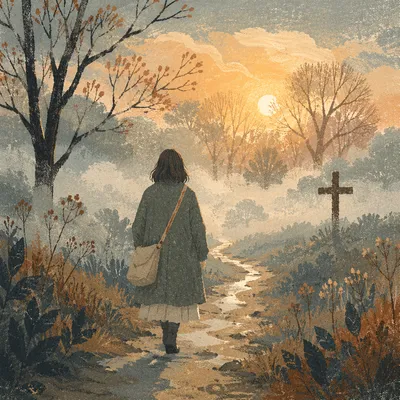 Solitary Walk Through Morning Fog Toward Light