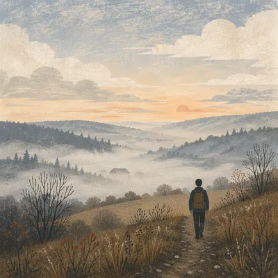 Lone Walker Moving Toward Morning Light