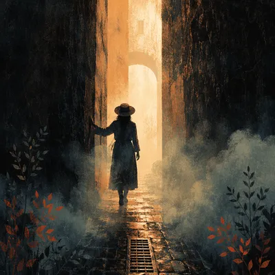 Silhouette Walking Through Fog Toward Light