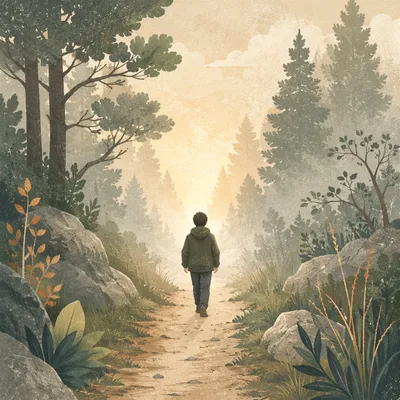 Solitary Walk Through Fog Toward Light