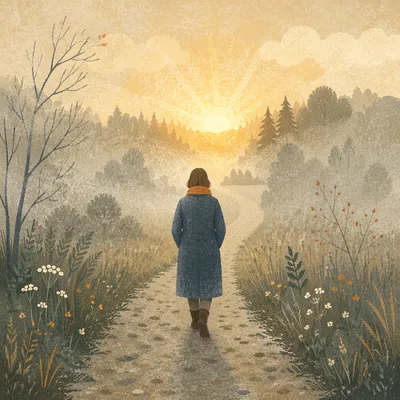 Walking Through Fog Toward Golden Light