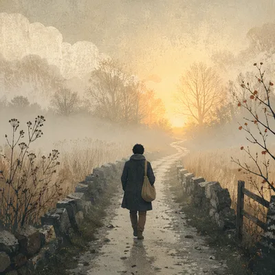 Solitary Walk Through Fog Toward Light