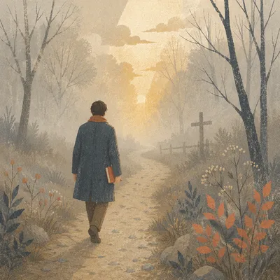 Walking Through Fog Toward Sunrise Light