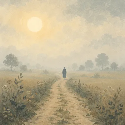 Pilgrim Walking Through Morning Fog Toward Light