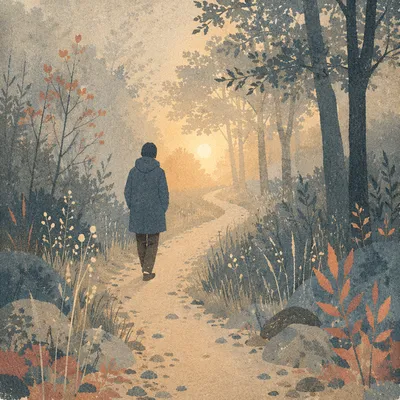 Solitary Walk Toward Morning Light