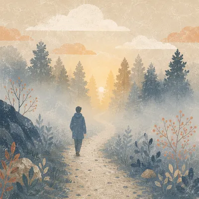 Walking Through Morning Fog Toward Light