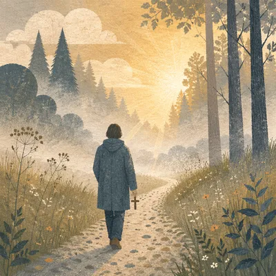 Walking Through Fog Toward Morning Light