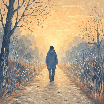 Solitary Walk Through Fog Toward Light