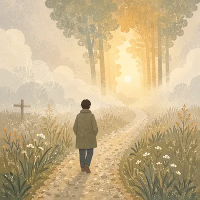 Solitary Walk Through Fog Toward Dawn Light