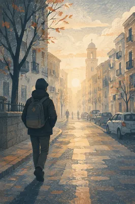 Solitary Walk Toward Morning Light