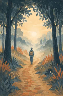 Lone Walker Entering Foggy Sunrise Path