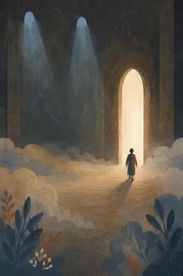 Silhouetted Journey Toward Glowing Doorway