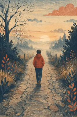 Solitary Walker Entering Foggy Sunrise Road