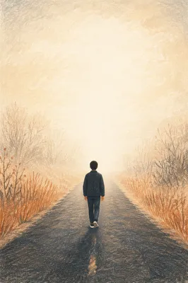 Lone Traveler Walking Toward Glowing Fog