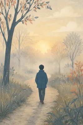 Walking Through Fog Toward Morning Light