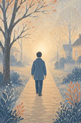 Solitary Walk Through Fog Toward Light