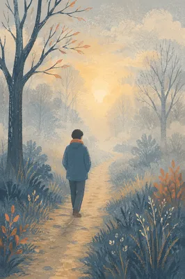 Solitary Walk Through Fog Toward Light