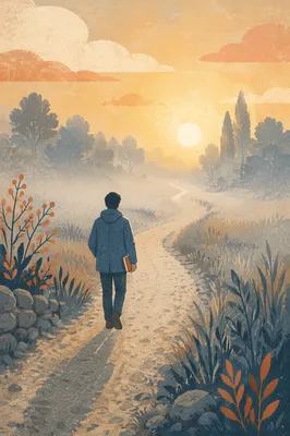 Solitary Walk Toward Dawn Light