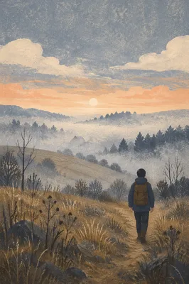 Lone Walker Through Fog Toward Light
