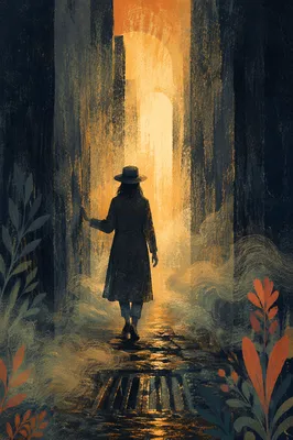 Silhouette Walking Through Fog Toward Light