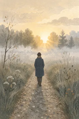 Solitary Walk Toward Morning Light