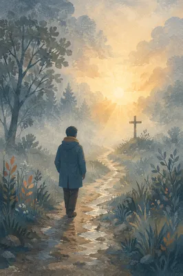 Solitary Walk Through Fog Toward Dawn Light
