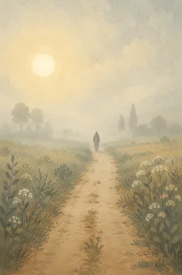Pilgrim Walking Through Fog Toward Light