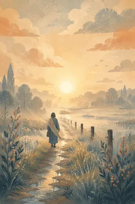 Lone Figure Walking Through Fog Toward Sunrise