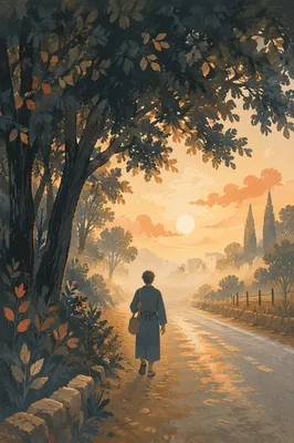 Lone Traveler Walking Toward Morning Light