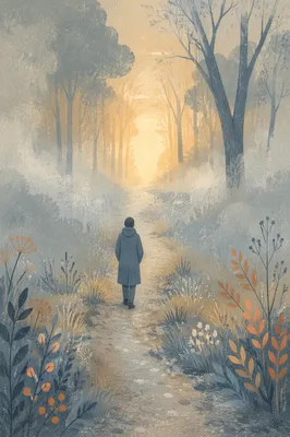 Solitary Walk Through Fog Toward Light