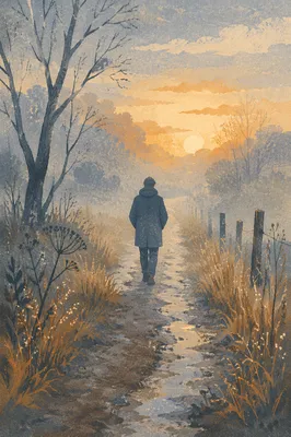 Lone Walker in Morning Fog Toward Light