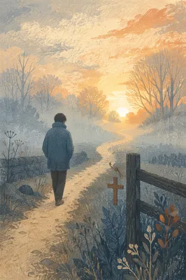 Lone Traveler Walking Toward Dawn Light