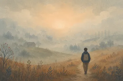Solitary Walk Toward Light in Morning Fog