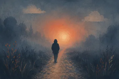 Lone Walker in Fog Toward Warm Light